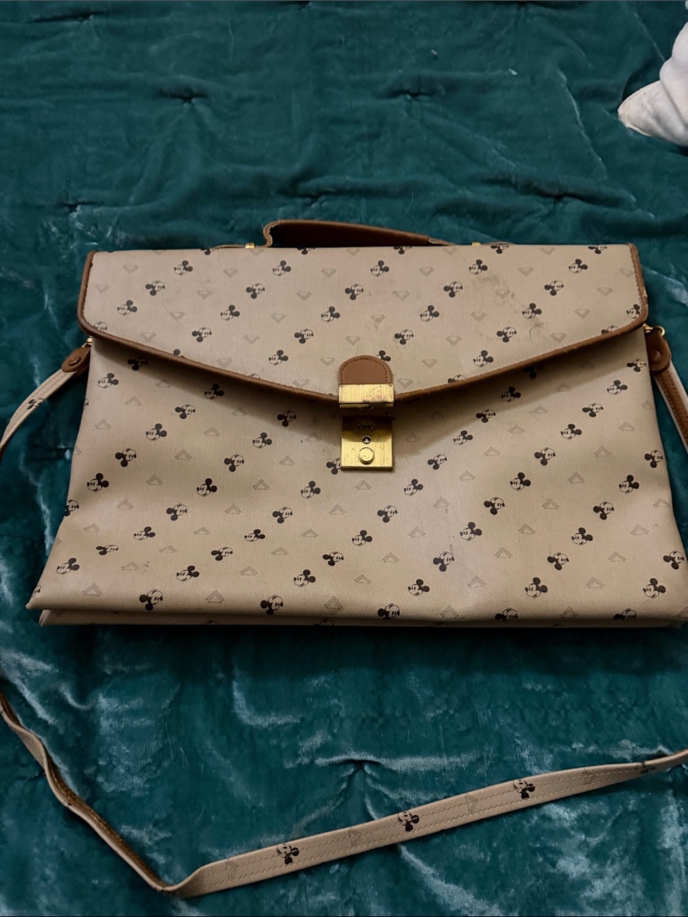 Vintage Beige Mickey Pattern Crossbody Satchel/Briefcase with Gold Lock